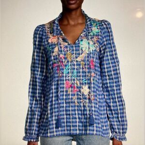 Johnny Was Nico Ruffle Scarf Back Blouse Blue Women’s Medium